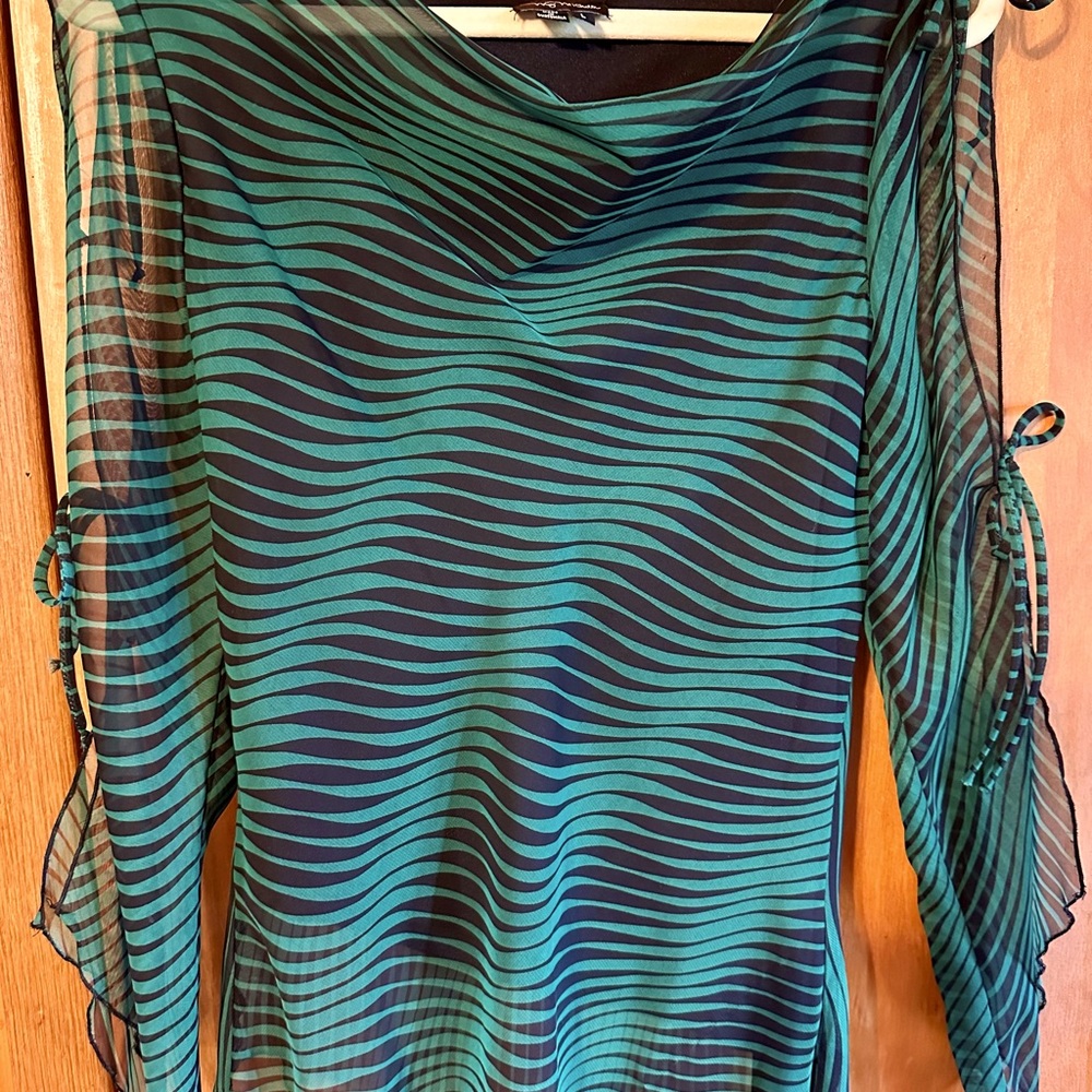 My Michelle Green And Black Striped Blouse with cute details